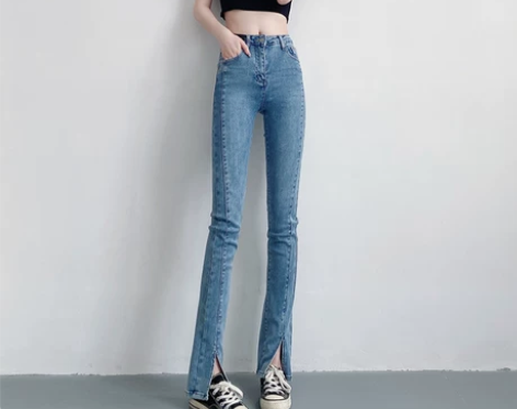 2022年春季新款高腰弹力直筒开叉牛仔裤女...