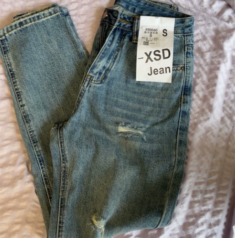 ZAZN春夏辣妹破洞牛仔裤女高腰高街设计感...