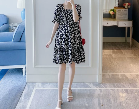 AROOM孕妇装夏季雪纺连衣裙中长款网红小...