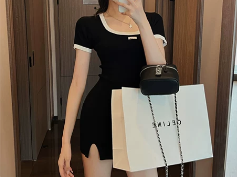 IN MIMIFACE 粉色短袖连衣裙女夏...