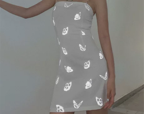 蝴蝶连衣裙设计感ins网红反光烫花收腰修身...