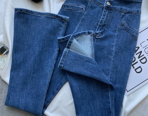 超高腰开叉牛仔裤女韩版修身显瘦性感紧身弹力...