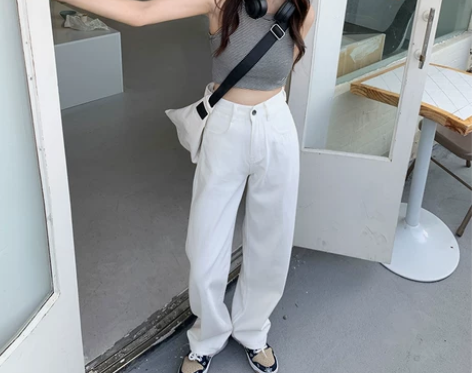 白色阔腿直筒牛仔裤女2022夏季新款高腰宽...