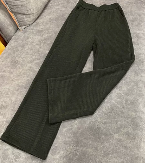 黑色坑条阔腿裤 有口袋 秋冬厚款面料 ...