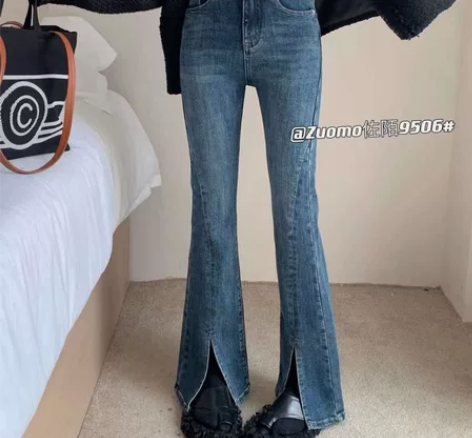 ZUOMO佐陌秋装腰头毛边前开叉修身牛仔裤...