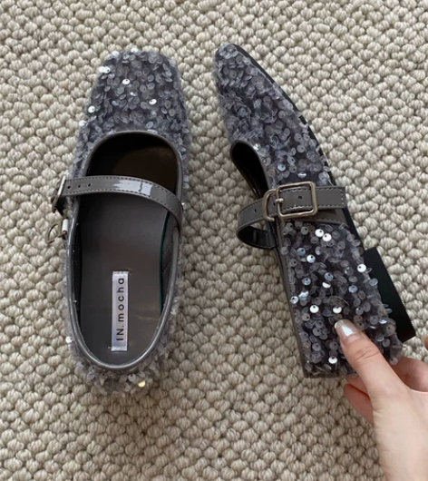 灰色亮片玛丽珍鞋 36码 穿过几次拍照 没...