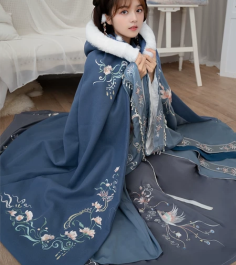 清梳原创凝香汉服斗篷 蓝色加绒款 均码