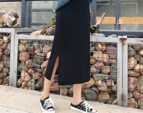 黑色高腰半身裙女装2019秋冬新款显瘦针织...