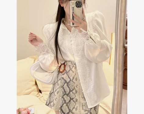 蕾丝娃娃领衬衫女法式白色上衣春季复古港风宽...