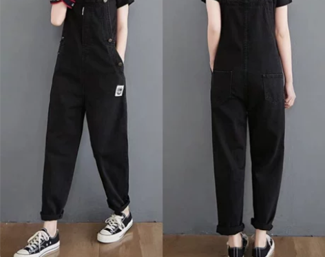 黑色弹力牛仔背带裤女2022秋冬新款高腰