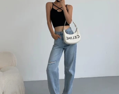 HUYIFAN浅蓝色破洞牛仔裤女2021新...