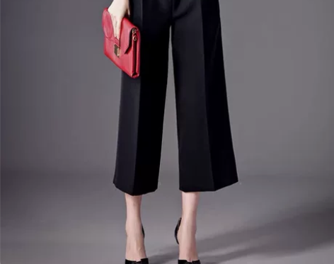 雪纺阔腿裤女裤夏季九分裤高腰大码黑色阔脚裤...