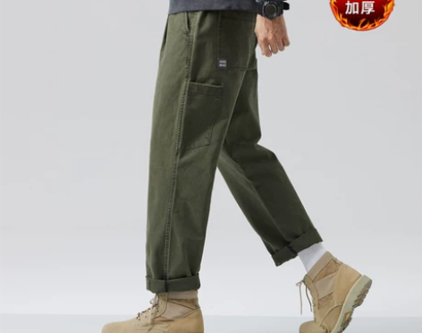军绿色加绒加厚日系休闲裤男秋冬季新款潮牌阔...