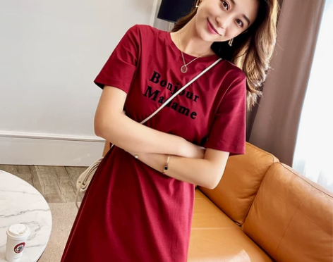 春夏季宽松长款短袖圆领字母印字连衣裙 购于...