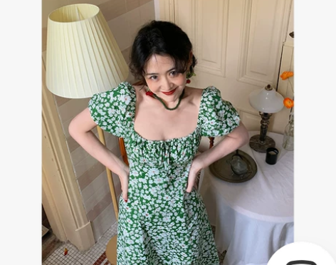 午后商店◆自制法式碎花方领泡泡袖连衣裙女夏...