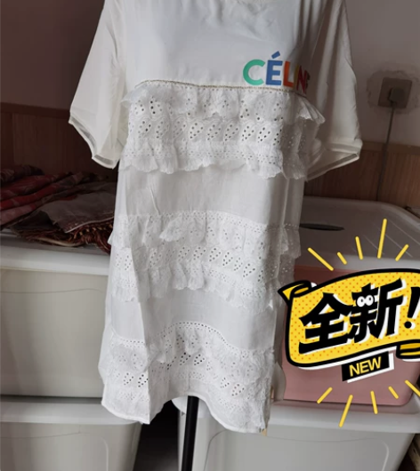 全新有吊牌大码女装金稻籽雪纺拼棉镂空蕾丝雪...