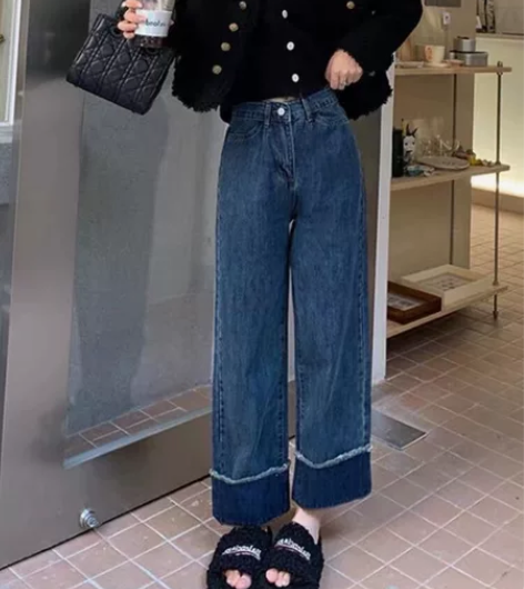 高腰设计感牛仔裤女2022年秋季新款直筒宽...