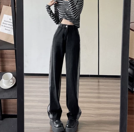 渐变色复古牛仔裤女秋冬加绒胖mm炸街裤子大...