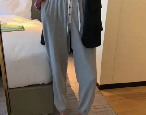 韩版排扣薄款卫裤抽绳收脚裤长裤透气灰色休闲...