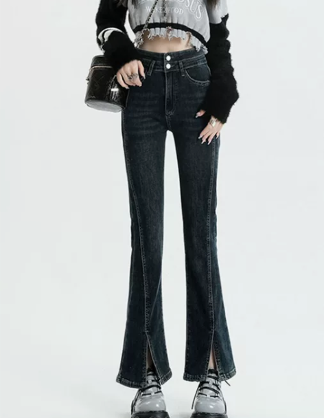 蓝灰色高腰显瘦喇叭裤女2022年秋冬新款开...