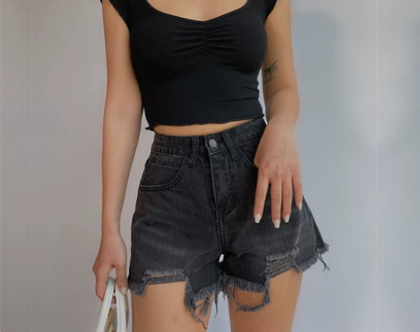ins复古拉丝毛边破洞牛仔短裤女高腰显瘦翘...