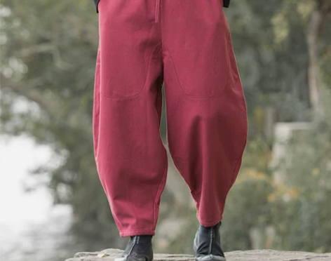 冬季中国风男裤子亚麻阔腿裤宽松灯笼裤加绒加...