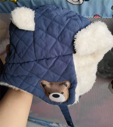 外贸童帽冬季护耳毛绒帽 藏青蓝色小熊儿童加...