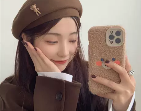 新款小熊日系复古卡通棕色毛呢贝雷帽女秋冬时...