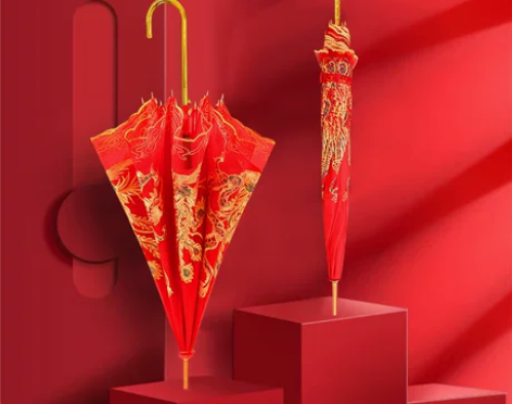 红伞婚庆结婚出嫁伞蕾丝花边刺绣中式婚礼长柄...