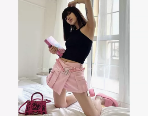 1mcc 现货y2k千禧风粉色裤裙配水钻腰...