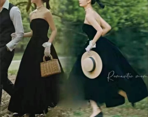 新款影楼黑色极简赫本风抹胸主题轻婚纱法式新...