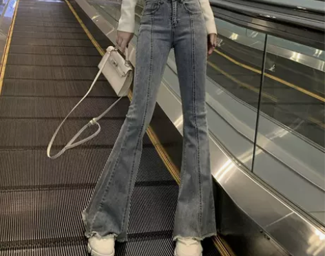 新款2020毛边高腰牛仔裤女修身微喇叭裤显...