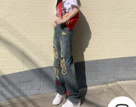 PVJ韩版破洞直筒牛仔裤女高腰宽松拖地裤显...