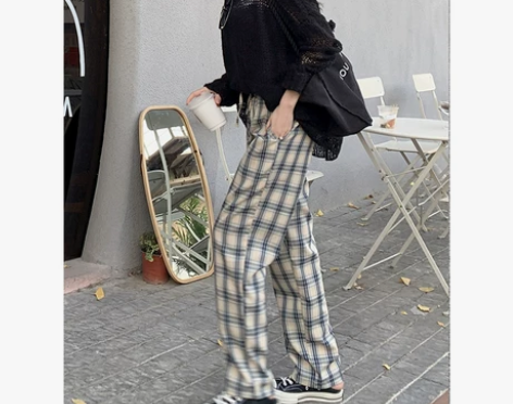 拖地感格子裤女男宽松春秋季韩版高腰直筒休闲...