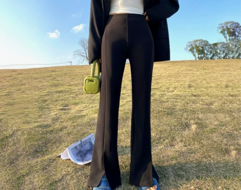 黑色开叉喇叭裤女2022夏装高腰弹力修身显...