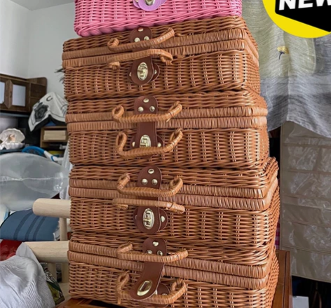 复古手提收纳箱塑料整理箱家用藤编野餐篮带手...