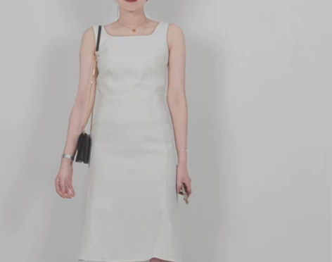 夏装新款 法式优雅白色方领复古背心裙无袖连...