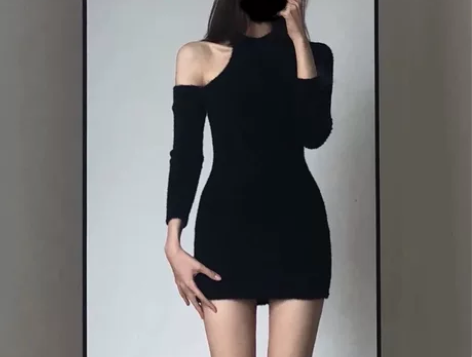 包邮：纯欲风露肩性感辣妹包臀裙黑色水貂绒打...