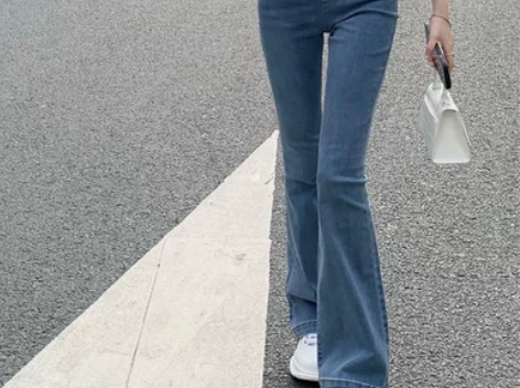 不规则牛仔裤女装高腰修身显瘦微喇长裤春夏薄...