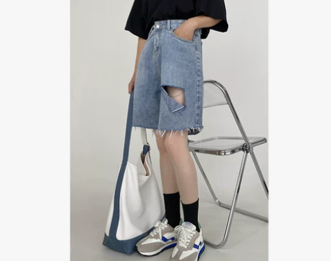 空草地~牛仔短裤女2022新款夏季破洞高腰...