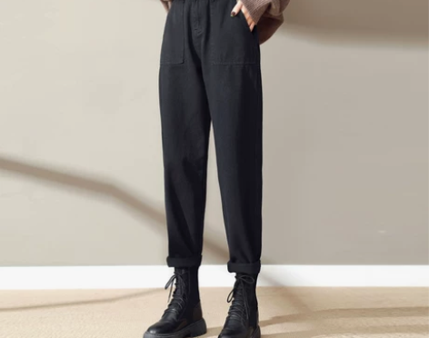 秋冬高腰黑色加绒裤子直筒哈伦休闲萝卜老爹牛...