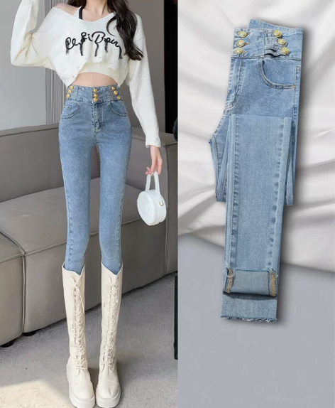 浅蓝色加绒牛仔裤女2022年新款高腰修身紧...