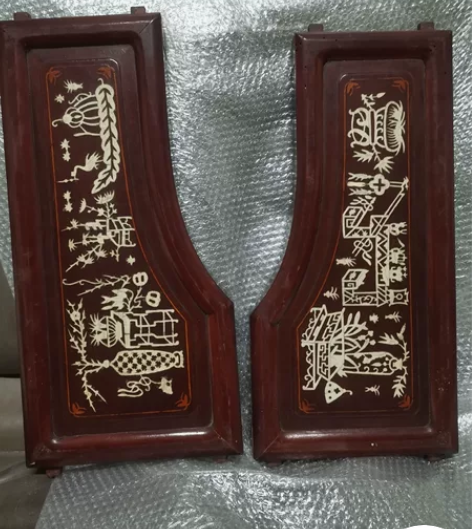 民国嵌骨木雕，博古图案一对，精美文化，尺寸...