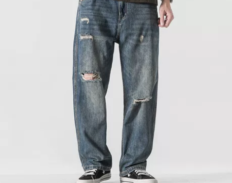 复古破洞牛仔裤男宽松磨烂乞丐裤阔腿直筒长裤...