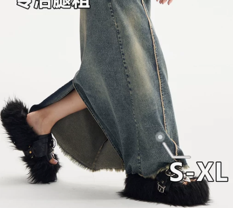 大码牛仔半身裙胖妹妹复古水洗毛边开叉裙子m...