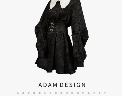 Adam黑色提花娃娃领连衣裙女2022春秋...