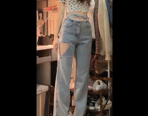 【狂欢价】破洞牛仔裤女设计感小众高街202...