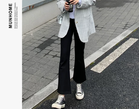 黑色喇叭裤女春秋季2021新款九分高腰显瘦...