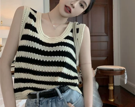 韩版条纹针织吊带小背心女夏季复古辣妹宽松显...