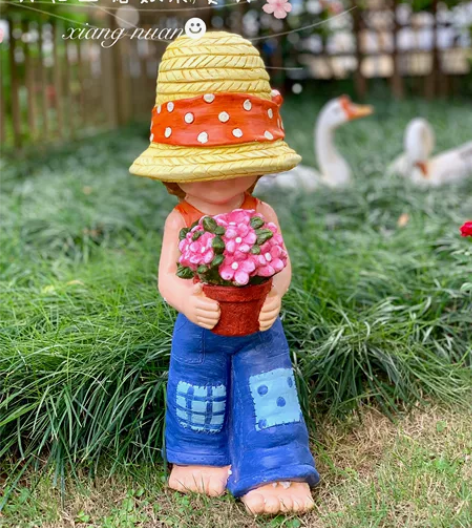 超好看！可爱草帽捧花娃娃花园装饰摆设摆件雕...